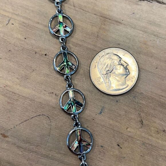 Peace Sign With Shell Inlay Set In Silver Tone Tennis Bracelet - Picture 7 of 7